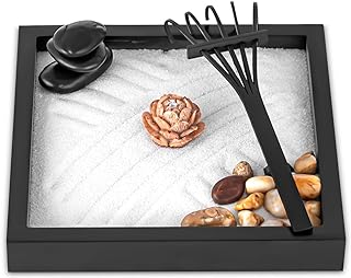 Mini Zen Garden Kit for Desk 6x6 inch with Wooden Lotus Flower, 3 Zen Stones, Pebbles, Home Office Desk Decorations (Wooden Lotus Flower)