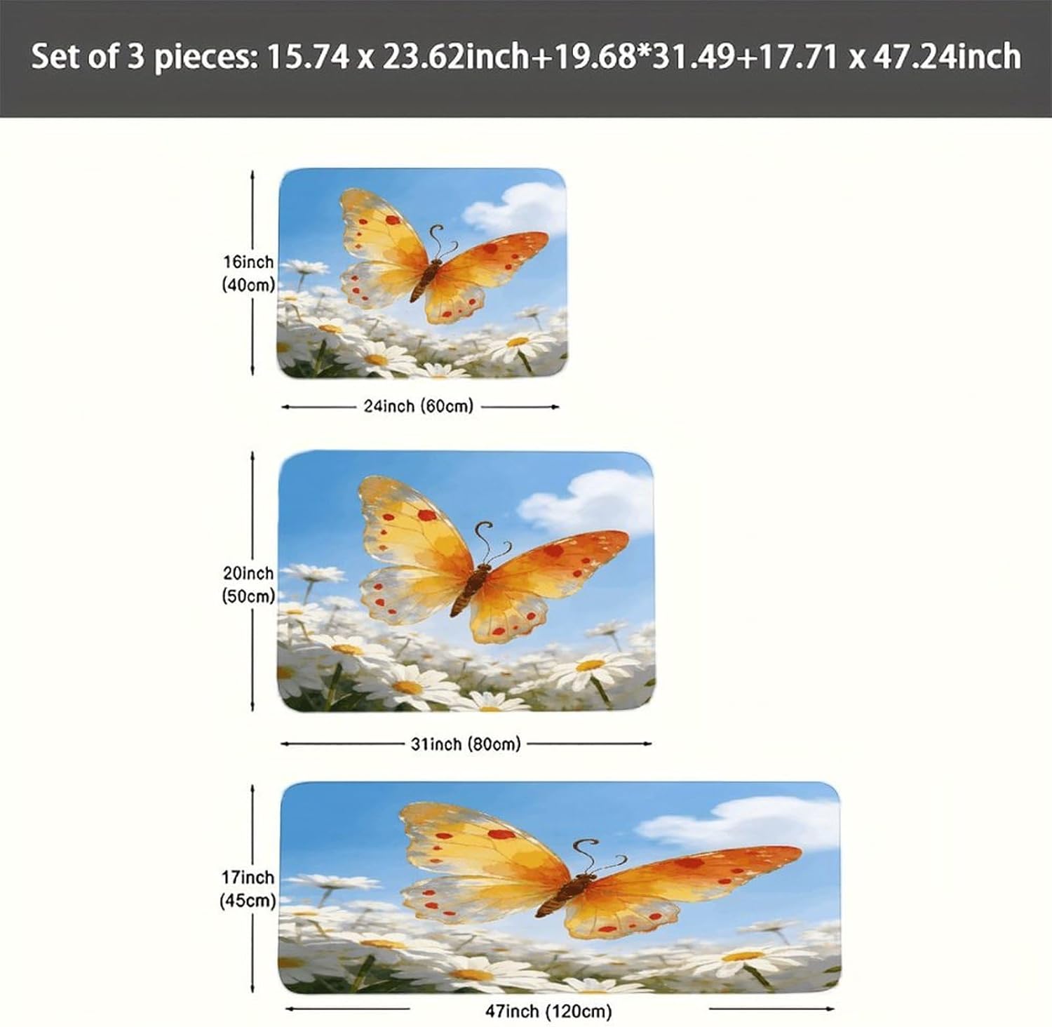 Butterfly Kitchen Rugs Sets of 3 Non Slip Kitchen Mat for Floor Comfort Standing Rug and Mats Thick Cushioned Long Area Carpets for Laundry Room Entryway