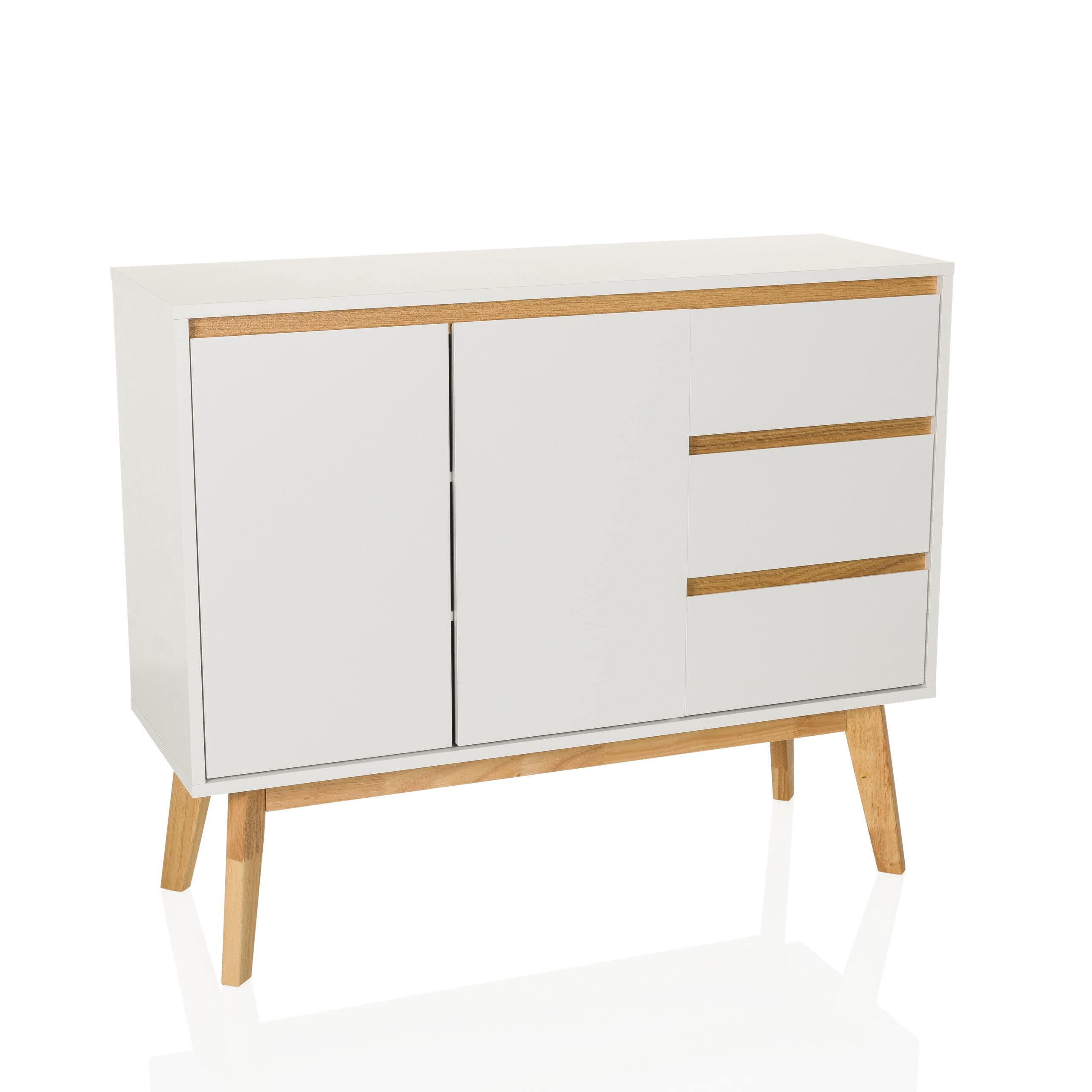 Cassettiera con 3 cassetti, 2 ante TAROLO I Credenza in stile scandinavo, chiusura ammortizzata, design senza maniglie, mobile con gambe in legno, bianco