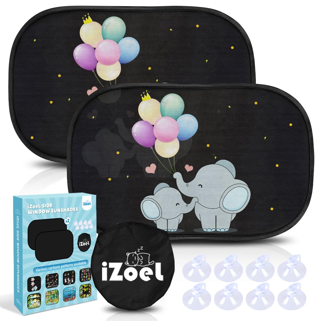 iZoeL Parasole Auto per Bambini 2 Pezzi Adatto per Finestrini Posteriori, Motivo Elefante, Autoadesivo, 8 Ventose, Custodia, 51 x 31 cm, Universale Protezione Solare E UV