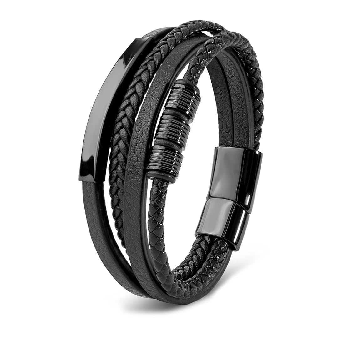 GobfarPulsera de Cuero Premium para Hombre, Pulseras de Cuero Hombre Trenzadas, Cerradura Magnética de Acero Inoxidable Negro Plata Oro, Personalizados para Hombres Regalos, el día del Padre Joyería Hombres