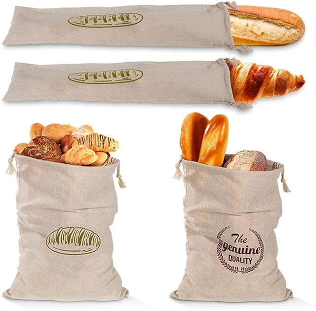YIPON 4Pcs Natural Linen Bread Bag Reusable Portable Baguette Drawstring Pouch Bun Storage Bags for Bread Dessert