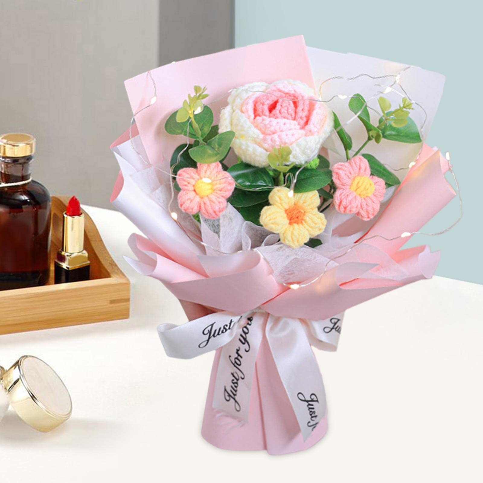 Bouquet de Fleurs Crochet Rose Tissé à la Main Polyvalent Ornement Tricoté Fête des Mères