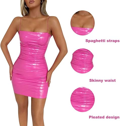 Miniatura 2 de Gogobear Minivestido sexy de piel sintética para mujer, con tirantes delgados, fruncido, ajustado, con cremallera (S-XL)