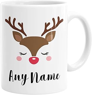 Daytripper Personalised Christmas Mug, Custom Name, Hot Chocolate Cup for Girls and Boys, Rudolph, Reindeer, Xmas Eve Gift