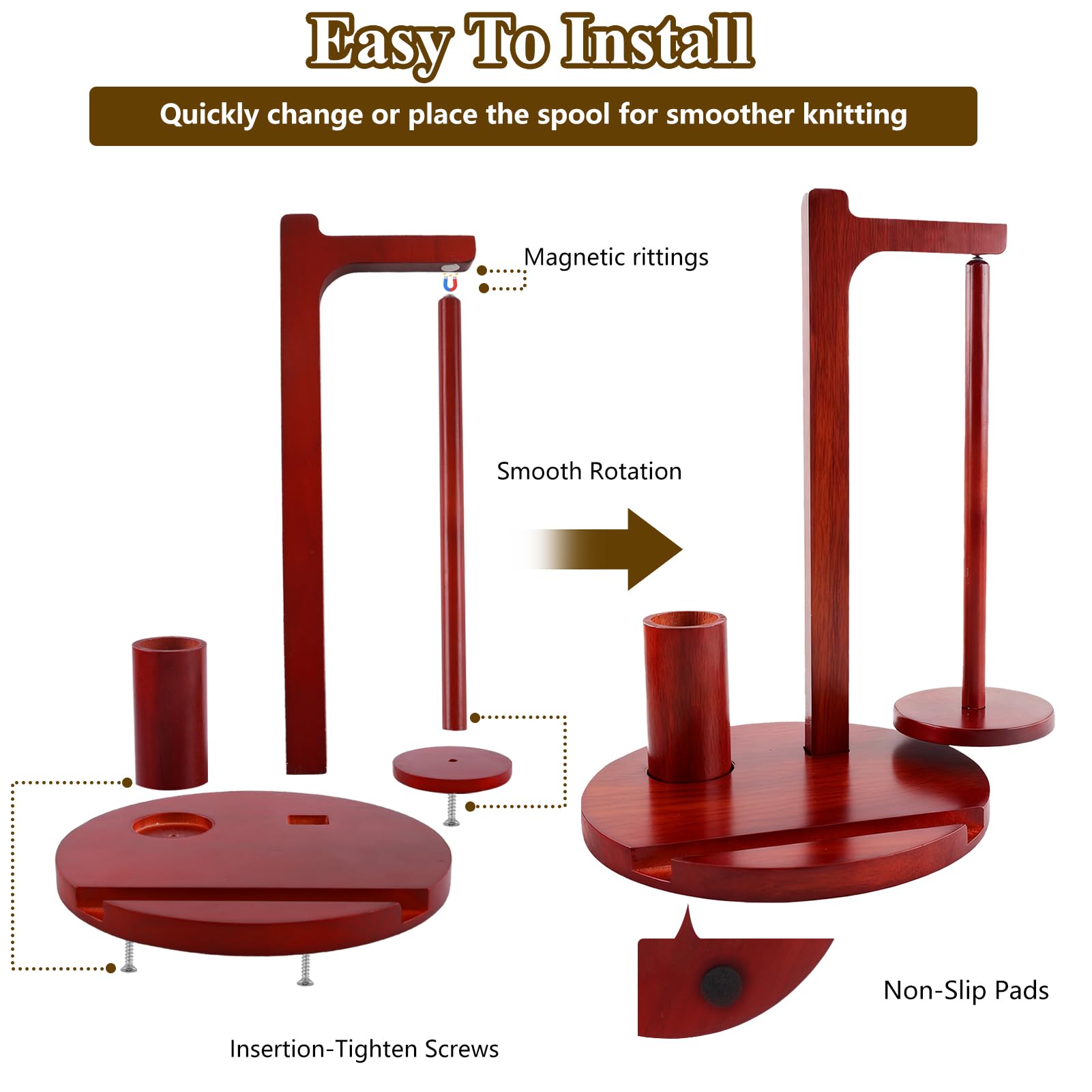 Soporte para hilo de ganchillo y tejer, giratorio magnético de madera con ganchos y agujas, soporte para teléfono y organizador de almacenamiento, regalo ideal para los amantes del tejido