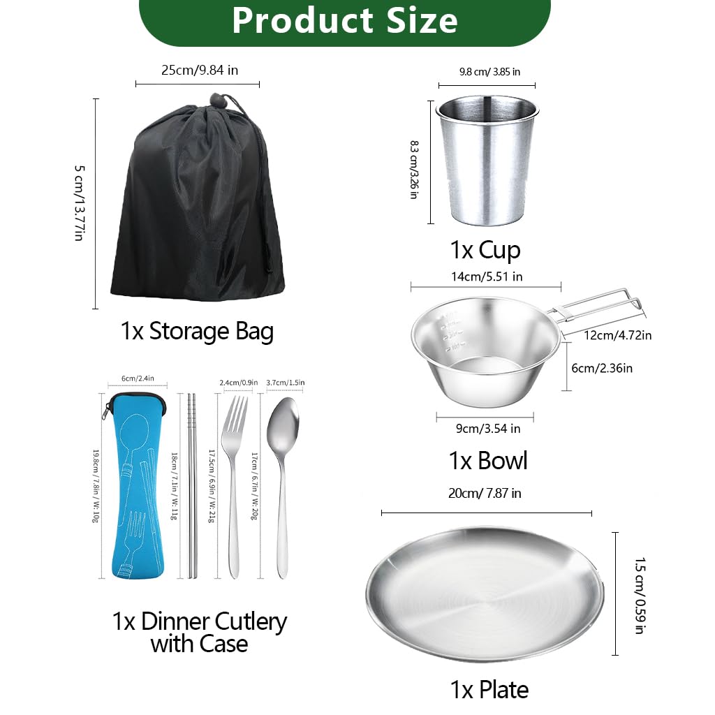 Stoviglie da campeggio per 1 persona, in acciaio inox, set di posate da campeggio, da campeggio, da cucina, con coltello, forchetta, cucchiaio, piatto, ciotola con custodia, accessori da campeggio per