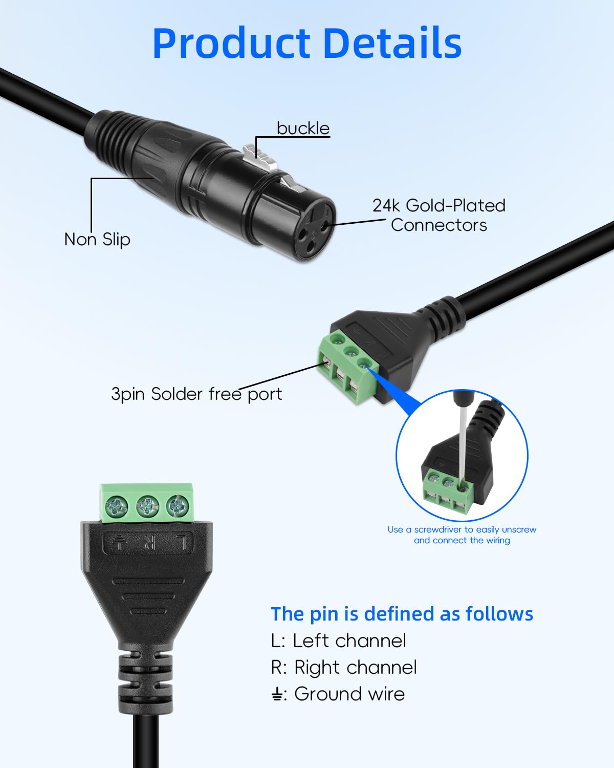 YANBORONSN XLR Male Cable to 3Pin Solderless Terminal Converter Cable,XLR Female to 3Pin Terminal Adapter Cable with Screwdriver for Speakers,Audio Equipment - Image 2