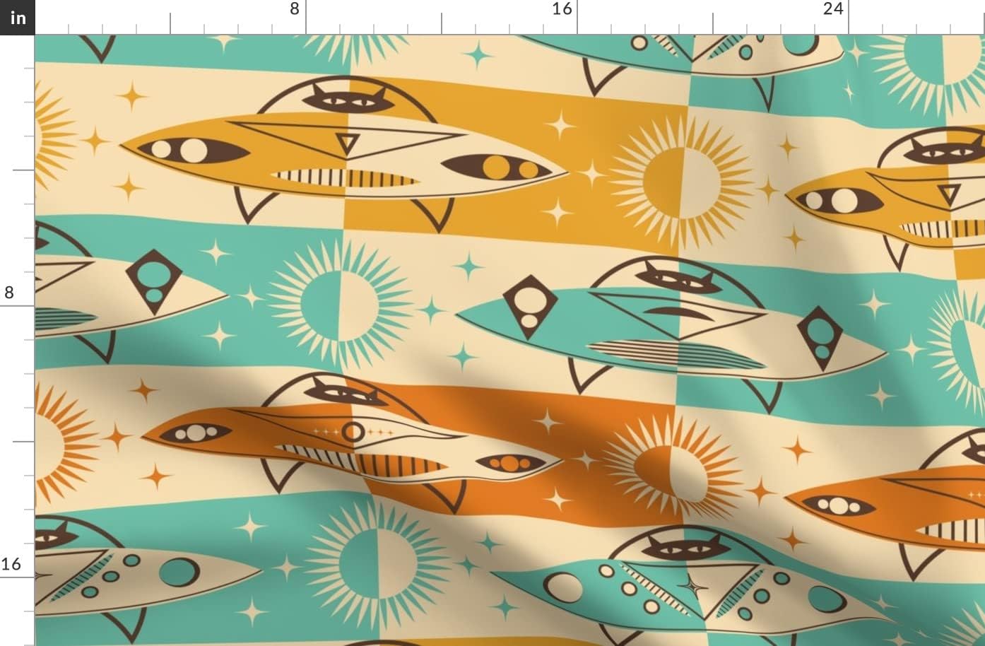 Spoonflower Fabric - Retro Spaceship UFO Cat Black Space Sun MCM Mid Century Exploration Printed on Organic Cotton Sateen Fabric by The Yard - Sewing Quilting Apparel Home Decor