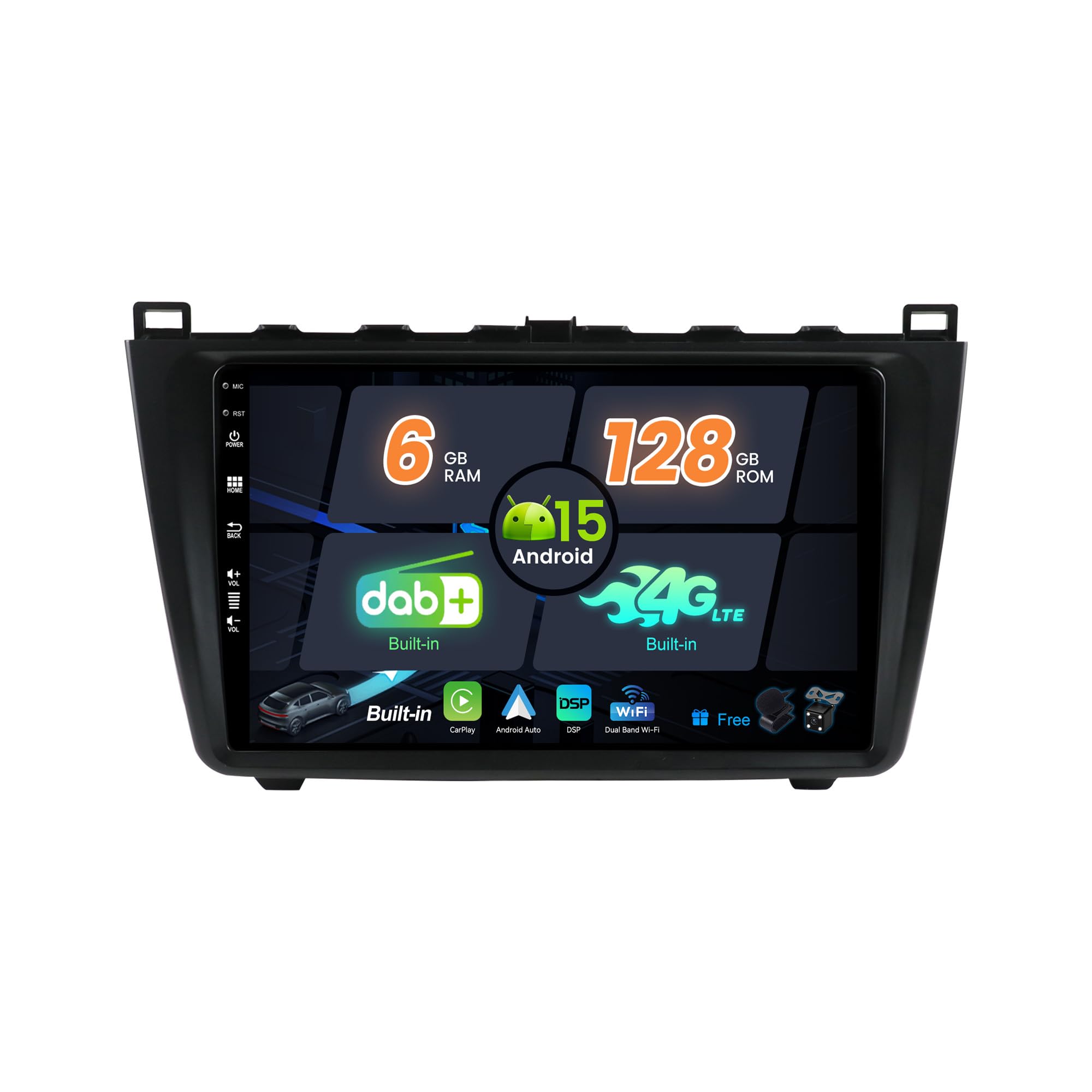 SXAUTO Android 15 [wbudowane 4G LTE i DAB] - 6G + 128G - radio samochodowe do Mazda 6 Rui Wing (2007-2012) - Dual Band WiFi - CarPlay Android Auto - Kamera + MIC - DSP SWC - QLED 9 cali 2 DIN 8