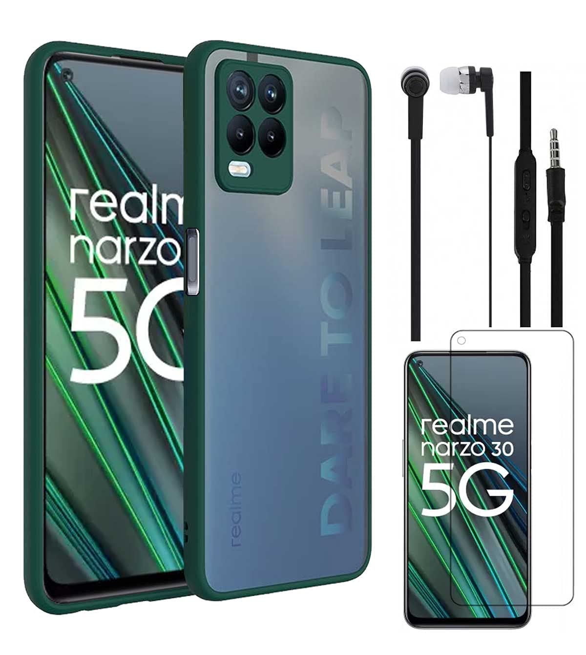 RRTBZ Smoke Translucent Smooth Rubberized Matte Camera Protection Back Case Cover Compatible for Realme Narzo 30 5G with Earphone and Screen Guard -Dark Green