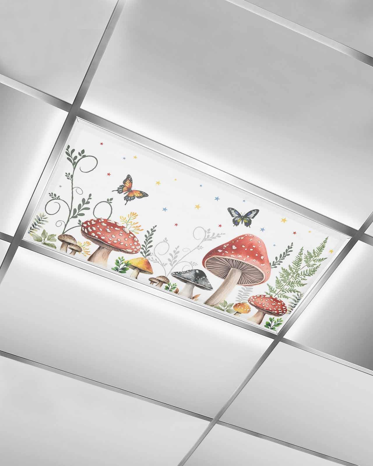 EwdeWwo Mushroom 1 Pcs Fluorescent Light Covers for Ceiling Lights, Plant Idyllic Butterfly Star Magnetic Light Filters for Eliminate Harsh Glare Classroom Office Decoration, 4 x 2 Ft