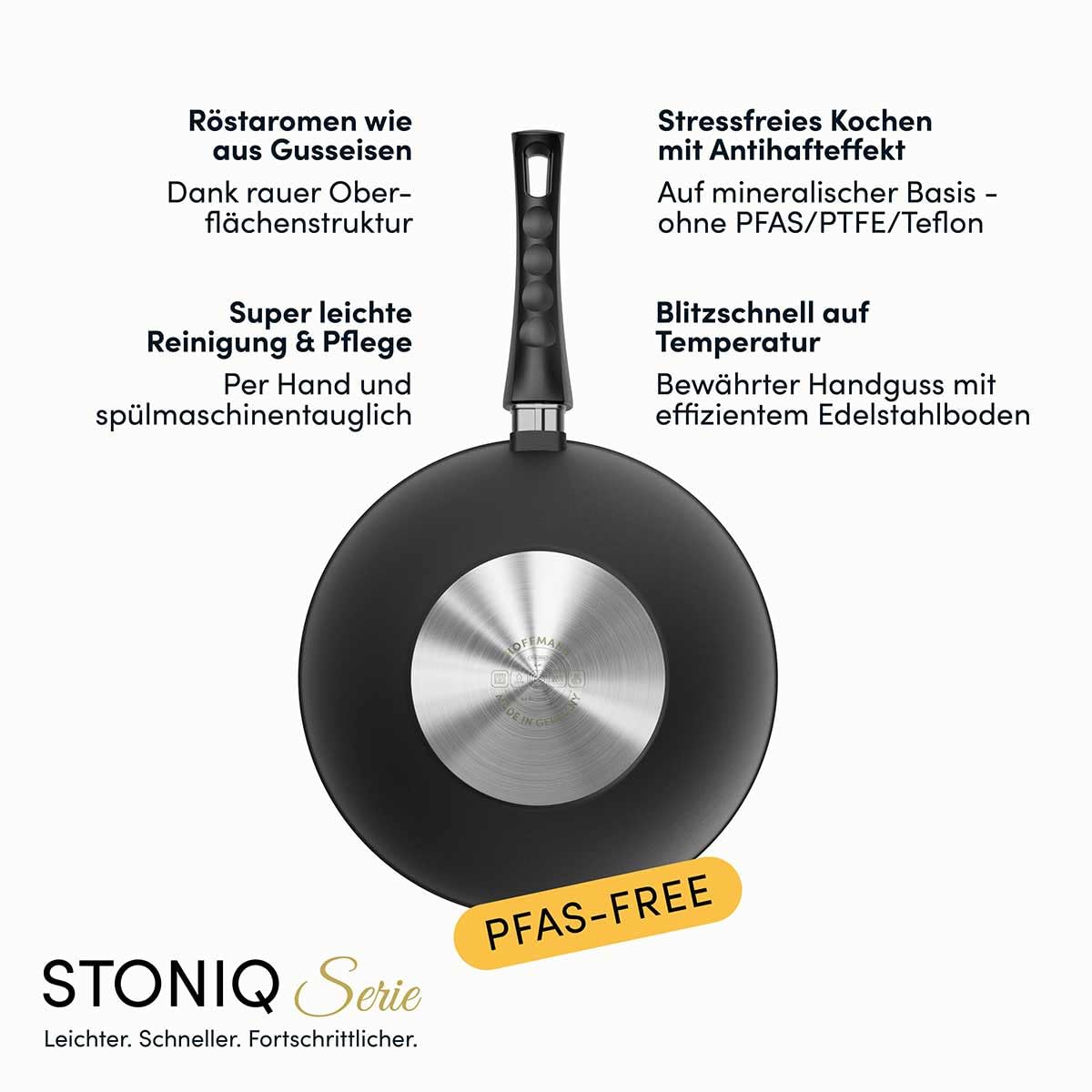 Hoffmann STONIQ Wokpfanne Ø 30 cm – PFAS-frei, Aluguss Wok mit abnehmbarem Stiel, IQ-SHIELD Antihaftbeschichtung, induktionsgeeignet, backofenfest 300 °C – Made in Germany WOK (mit Deckel)