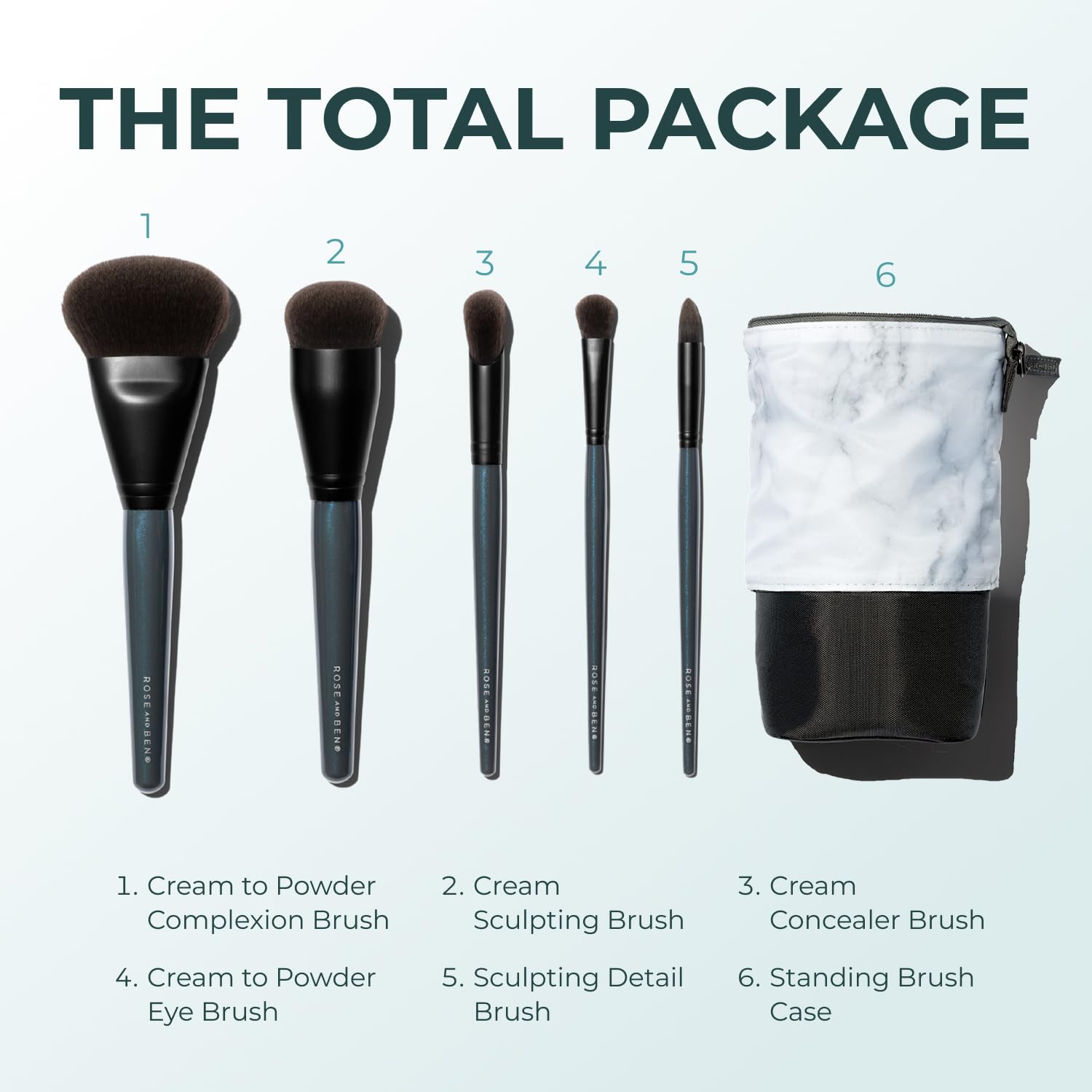 Rose and Ben Beauty Essential Travel 5-częściowy zestaw pędzli | profesjonalny pędzel do makijażu płynnego i kremowego | bez okrucieństwa