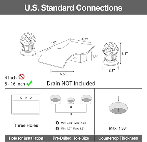 Miniatura 3 de Grifo de lavabo de baño generalizado con perilla de cristal, grifo de tocador de cascada de 3 agujeros, grifo de baño de cristal de 8 pulgadas,
