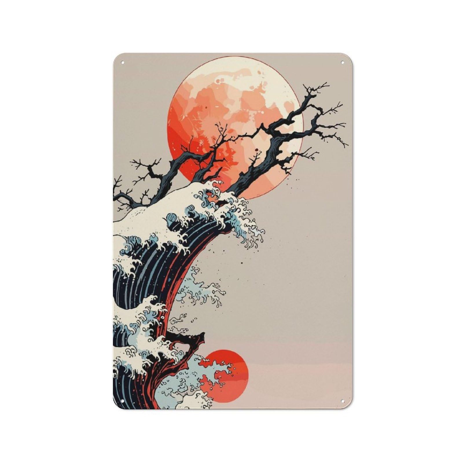 Junmoney Japanese Wave With Moon And Tree Classic Decorative Tin Plaque 30X20cm Featuring Novelty Wall Art For Home, Shop, Pub Or Studio Wall
