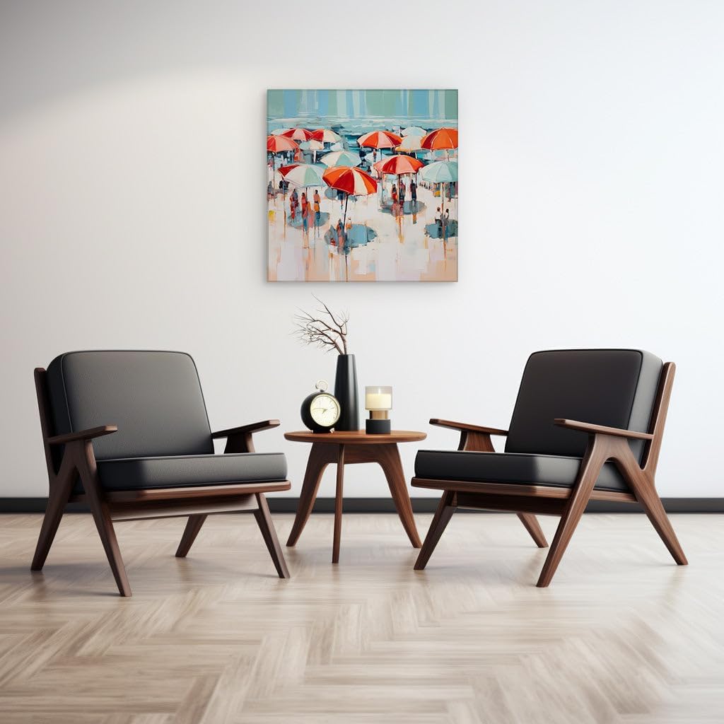 Canvas for Living room. Vibrant Shorelines and Colorful Canopies: A Lively Beach Day Captured in Abstract Art, 27 x 18 inch Canvas Wall Art - Contemporary Masterpieces - Modern Home Decor