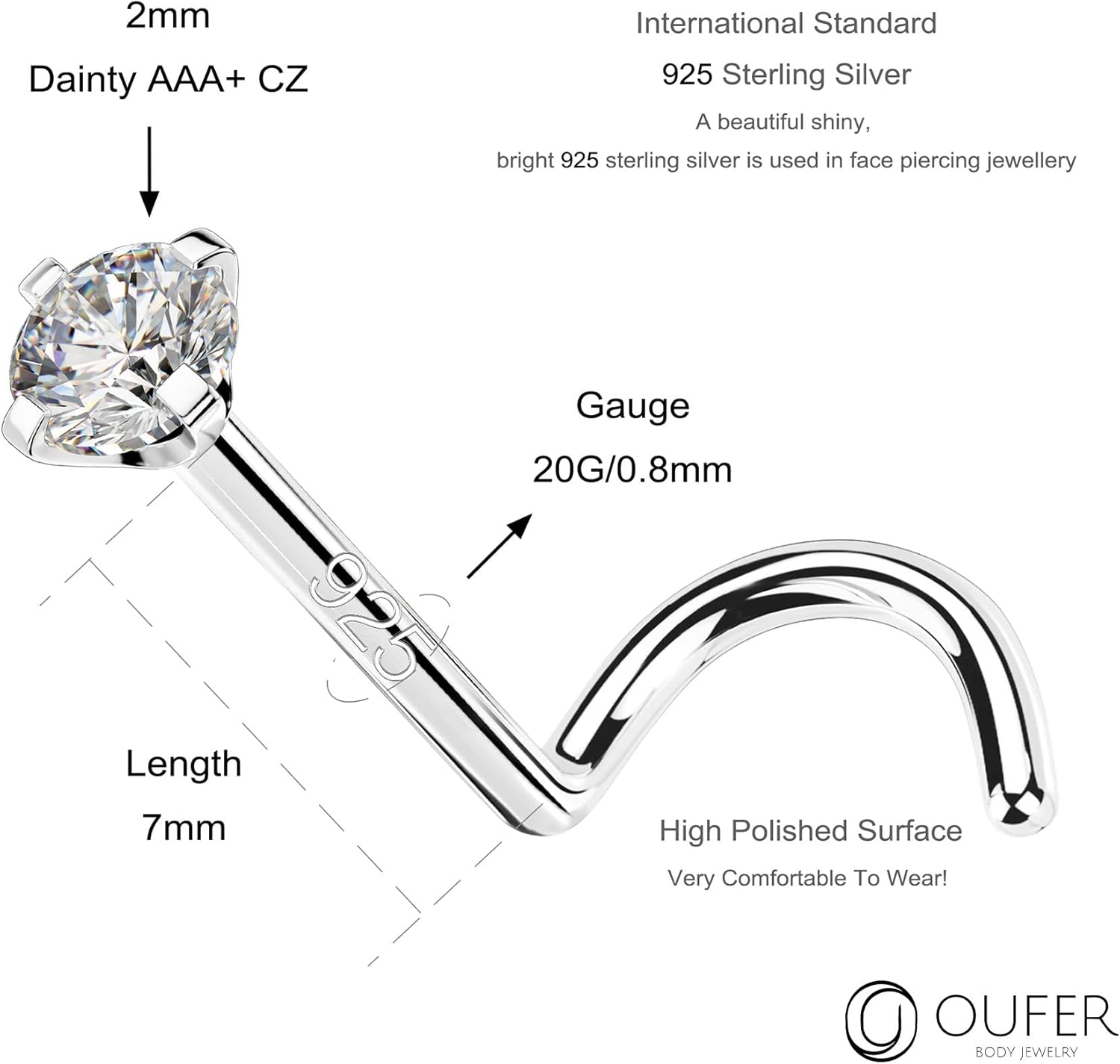 OUFER 925 Sterling Silver Nose Studs, Bone L Screw Shaped Nose Rings, 20G Nostril Solid 2mm Round CZ Nose Piercing Jewelry for Women Men-Screw Shaped - Image 4