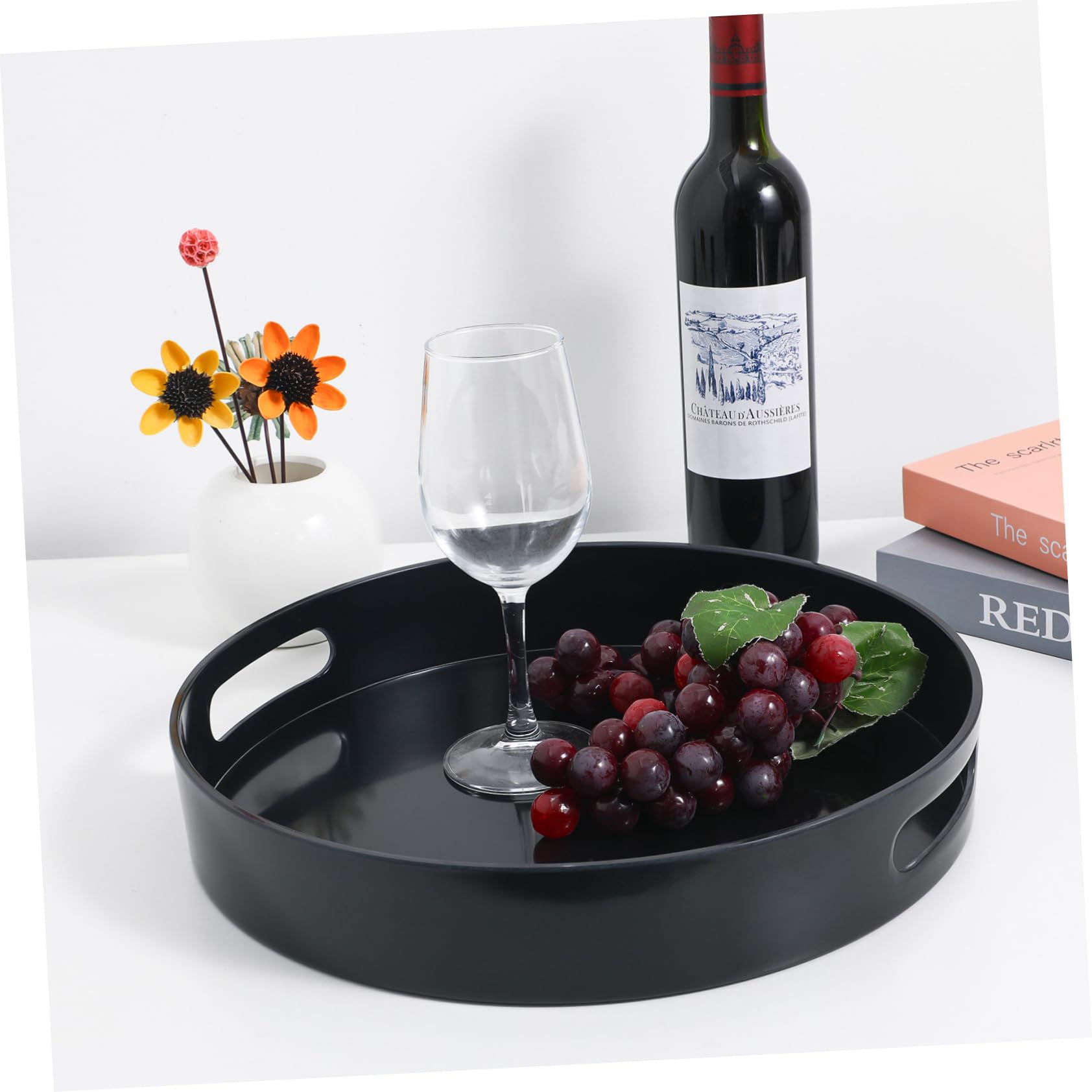 Bandeja Redonda Decorativa Mediana Negra con Asas de Plástico | Exhibir Objetos, Diseño Simple y Elegante, Fácil de Transportar, Uso Versátil en Hogar