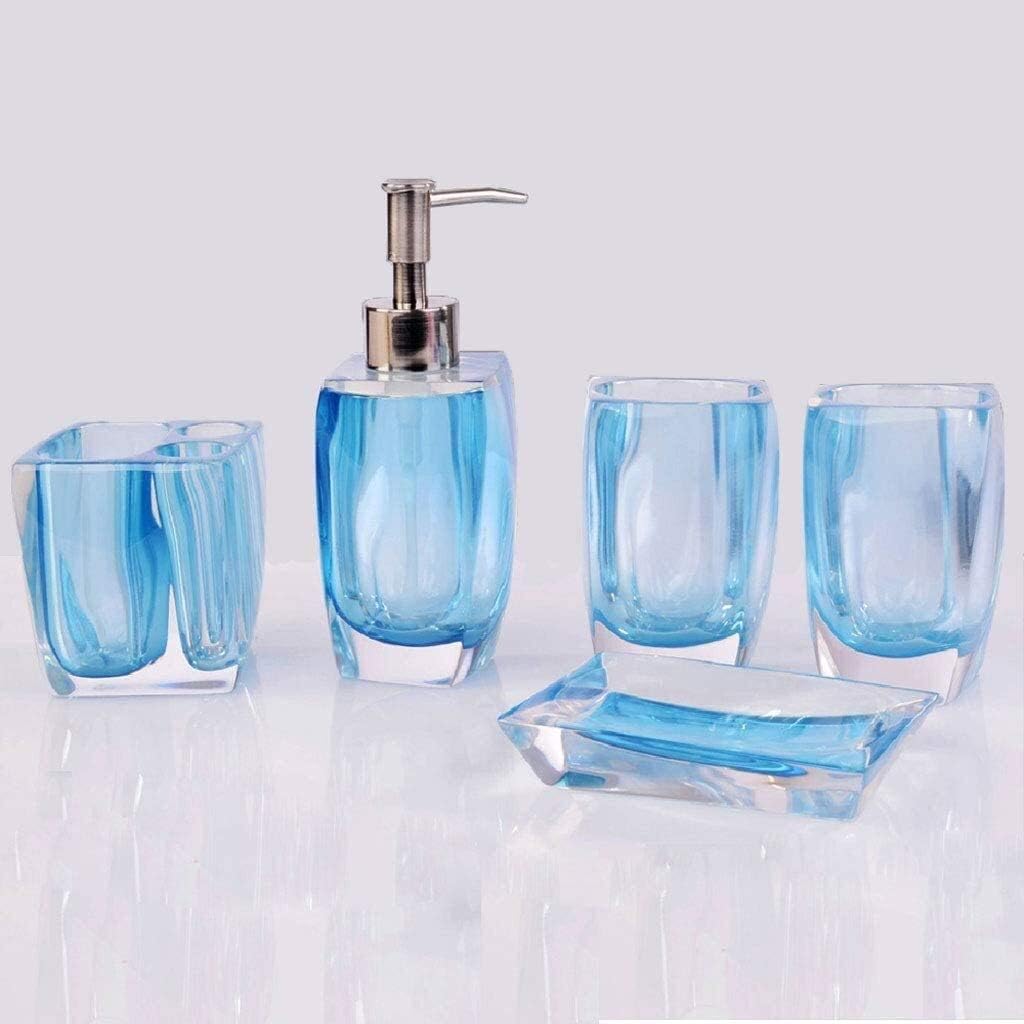 Bathroom Accessory Set Bright-Colored Bathroom Accessory Set 5/6 Piece Acrylic Bathroom Set Lotion Dispenser soap Dish Toothbrush Holder Mug (Color : White 5) (Blue 5)