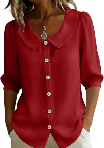 Womens 2026 Summer Cotton Linen Shirts Peter Pan Collar Half Sleeve Puff Cuff Button Down Casual Work Shirt