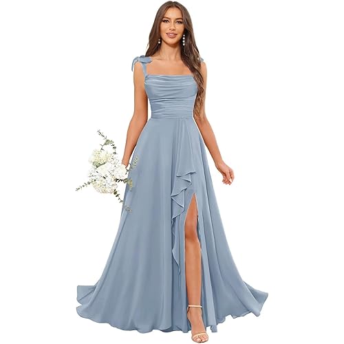 POMUYOO Spaghetti Straps Chiffon Bridesmaid Dresses for Women Long Pleated Formal Evening Prom Party Gown