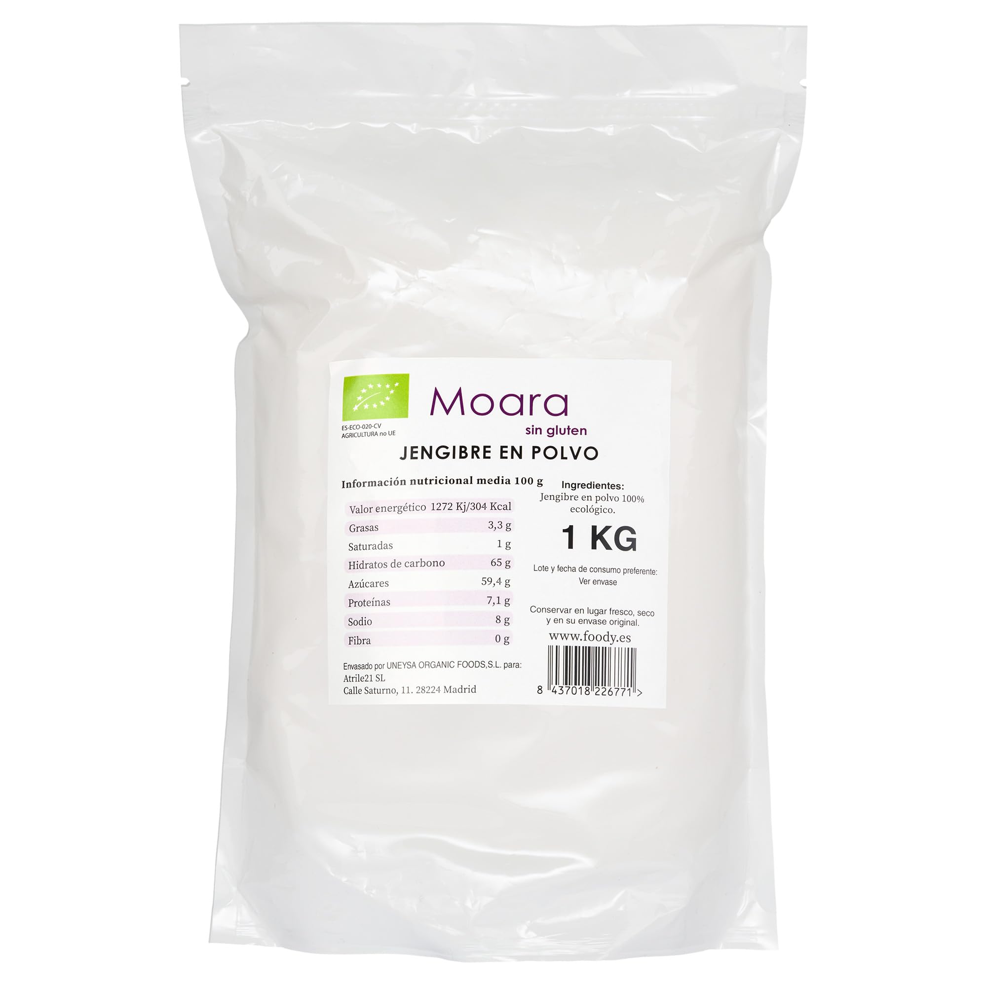 Jengibre en Polvo BIO Ecológico, Molido sin azúcar, especia digestiva, 100% Natural, Vegano, Sin Aditivos, NO GMO, Origen Perú, Doypack 1 Kg