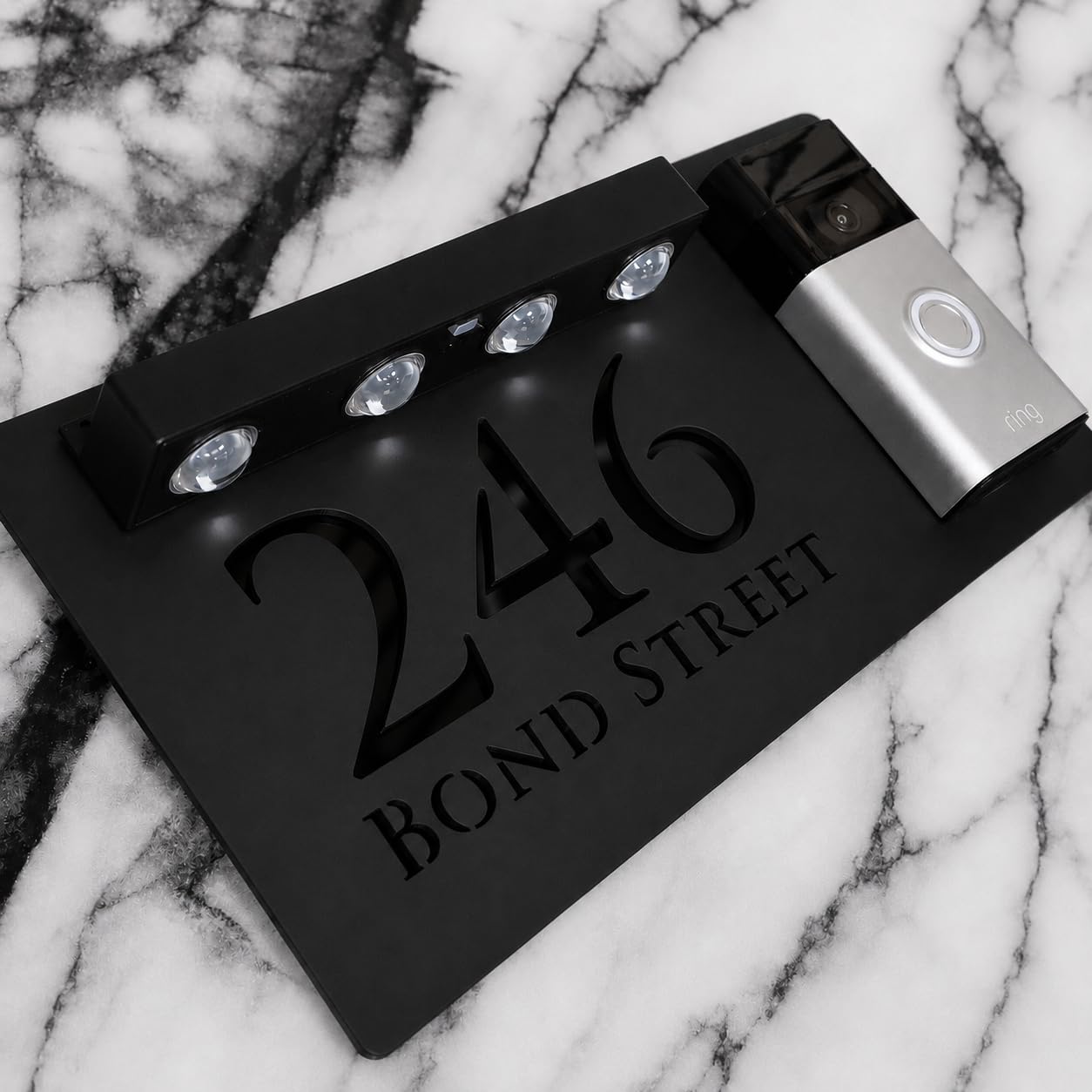 K Smart Sign | Bellissima LED DOORBELL F32 | Classic Personalised House Doorbell Solar LED Signs 3d Door Numbers Street Address Number Plaques | 300mm x 160mm (Matt Black & Gloss Black)