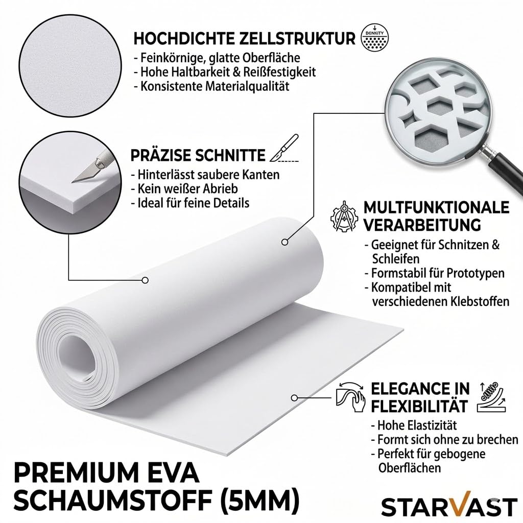 STARVAST Lot de 2 plaques de mousse EVA blanches de 5 mm - Pour cosplay - 35,5 x 200 cm - Haute densité - 86 kg/m3 - Pour artisanat, costume, projet de bricolage (5 mm blanc)