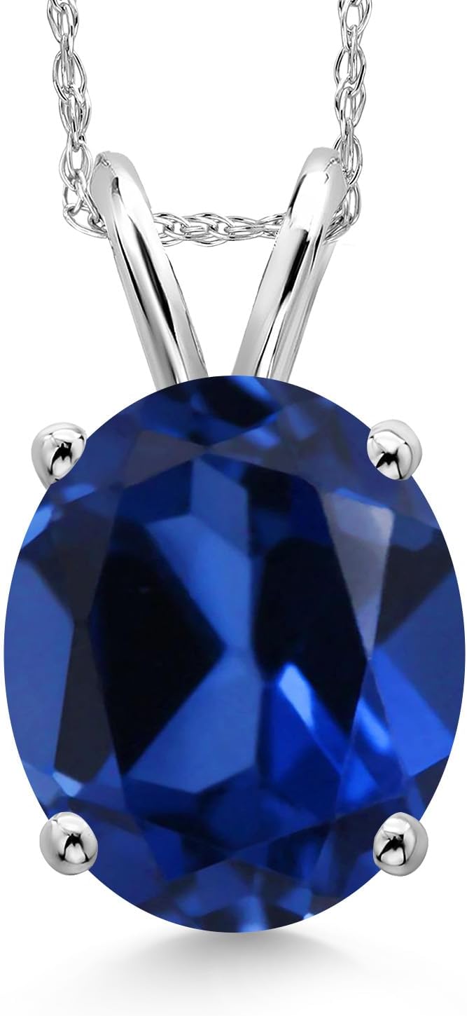 Gem Stone King 14K White Gold Blue Created Sapphire Pendant Necklace for Women | 6.00 Cttw | Gemstone September Birthstone | Oval 12X10MM | With 18 Inch Chain