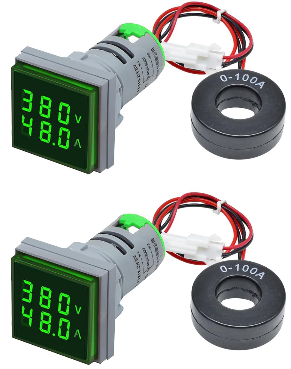 Shockley Voltamp Ampere Voltage tester Meter AC 0-100A 50-500V 22mm Dual Display Panel Mount Voltmeter Ammeter Square LED Multi-Function Instrument Monitor Detector (Volt Ampere Meter (AC), GREEN, 2)-image-40