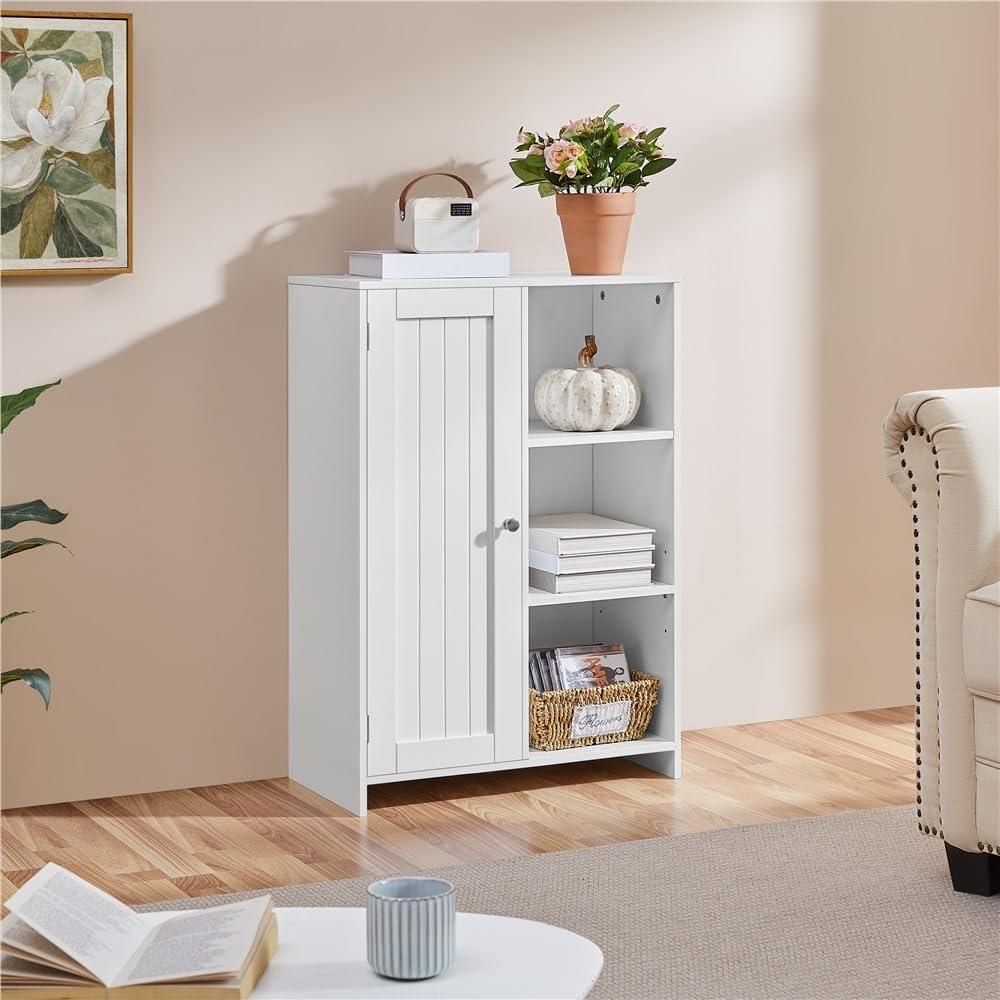 Yaheetech Salle de Bain Moderne avec Porte Unique 56 cm×30 cm×81 cm, Blanc | Meuble de Rangement avec Compartiment Ouvert et Étagères Réglables, Armoire Rangement pour Salle de Bains/Salon/Bureau