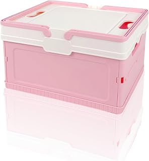 Tixill Small Collapsible Storage Crates, Foldable Plastic Baskets with Lids and Handles for Organizing, Mini Stackable Bins for Home Kitchen Bedroom Bathroom Office (Pink)