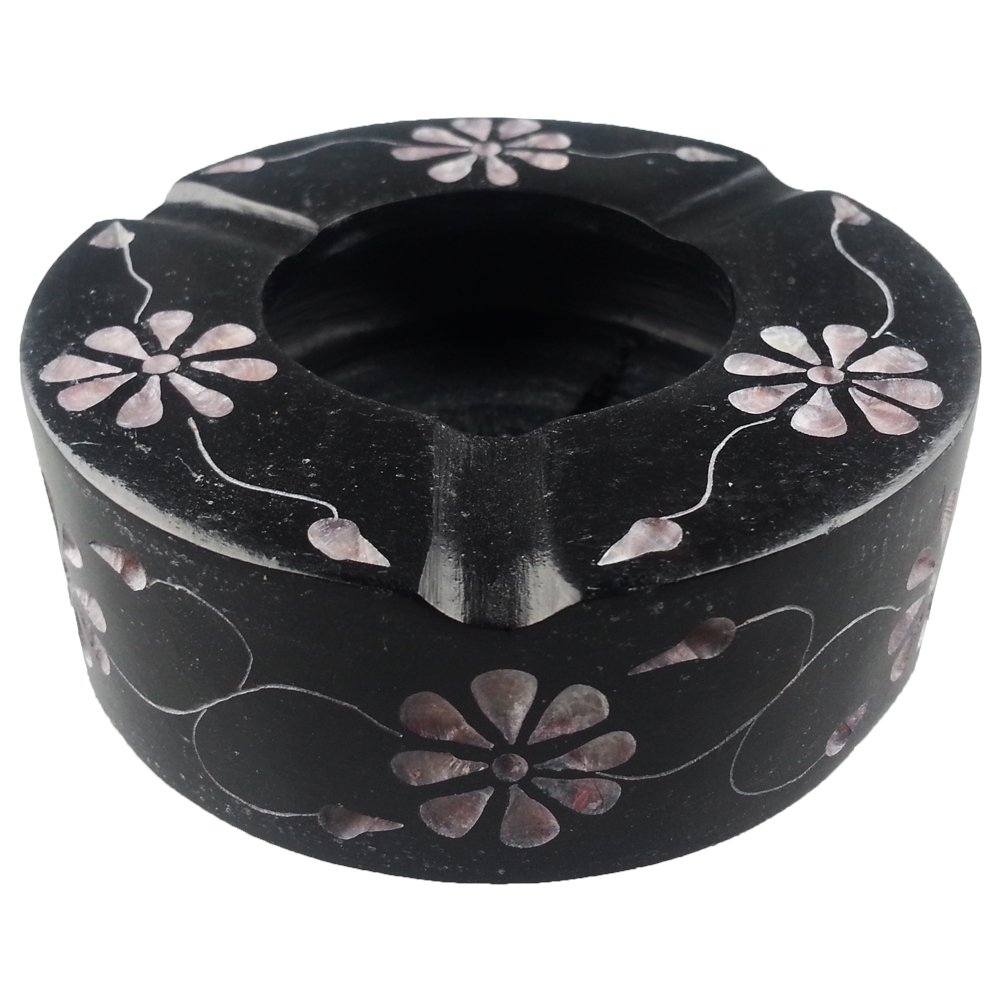 Shiva Black Soapstone Elven Ashtray - Hand Carved Floral Ash Tray