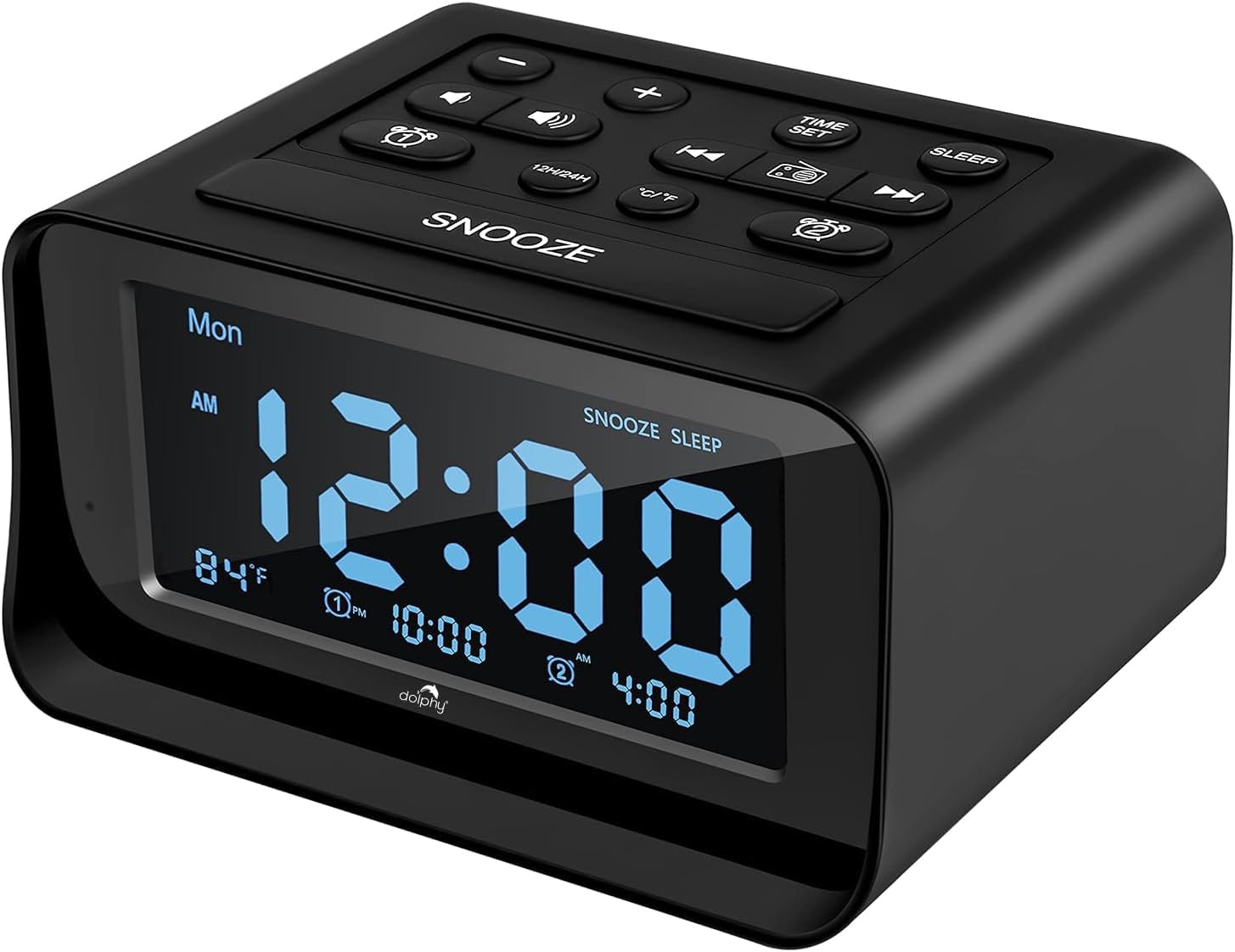 DOLPHY Plastic Radio Alarm Digital Clock with Dual Alarms, 2 USB Charging Ports, FM Sleep Timer, Adjustable Volume, Snooze Function for Bedroom,Office,Hotel, Black