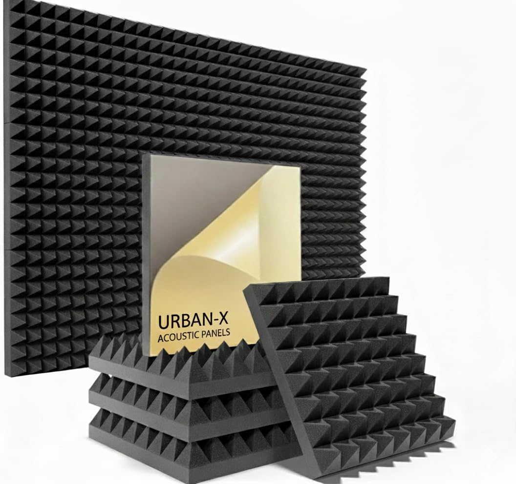 URBAN-X® Pyramid Acoustic Foam Panels 12" X 12" X 2", 38 Kg/m³ High Density Soundproofing Studio Foam & Echo Reduction, Sound Absorption, (Charcoal Black With Self Adhesive, Set of 6)