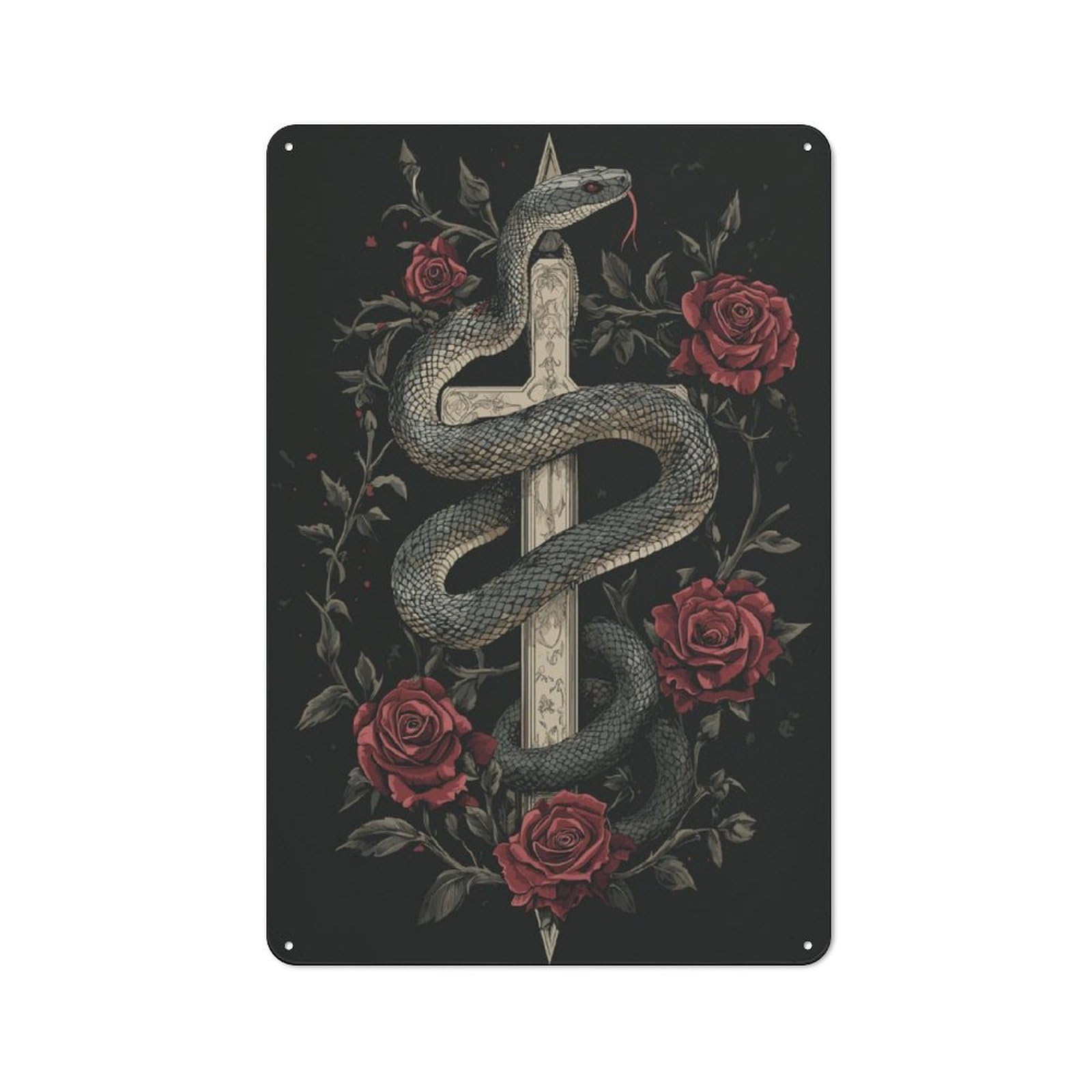 Junmoney Gothic Snake With Cross, Thorns And Roses Smart Tin Sign 30X20cm Featuring Office Wall Decor For Workspace, Cafe, Shop Or Desk Area