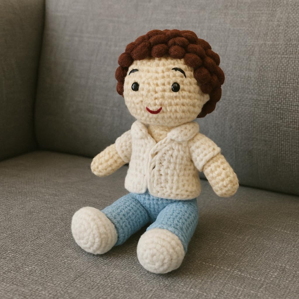 Sutra Handmade Crochet Boy Doll – Amigurumi Soft Toy with Cream Shirt & Blue Pants, Cute Handcrafted Gift for Kids & Nursery Decor