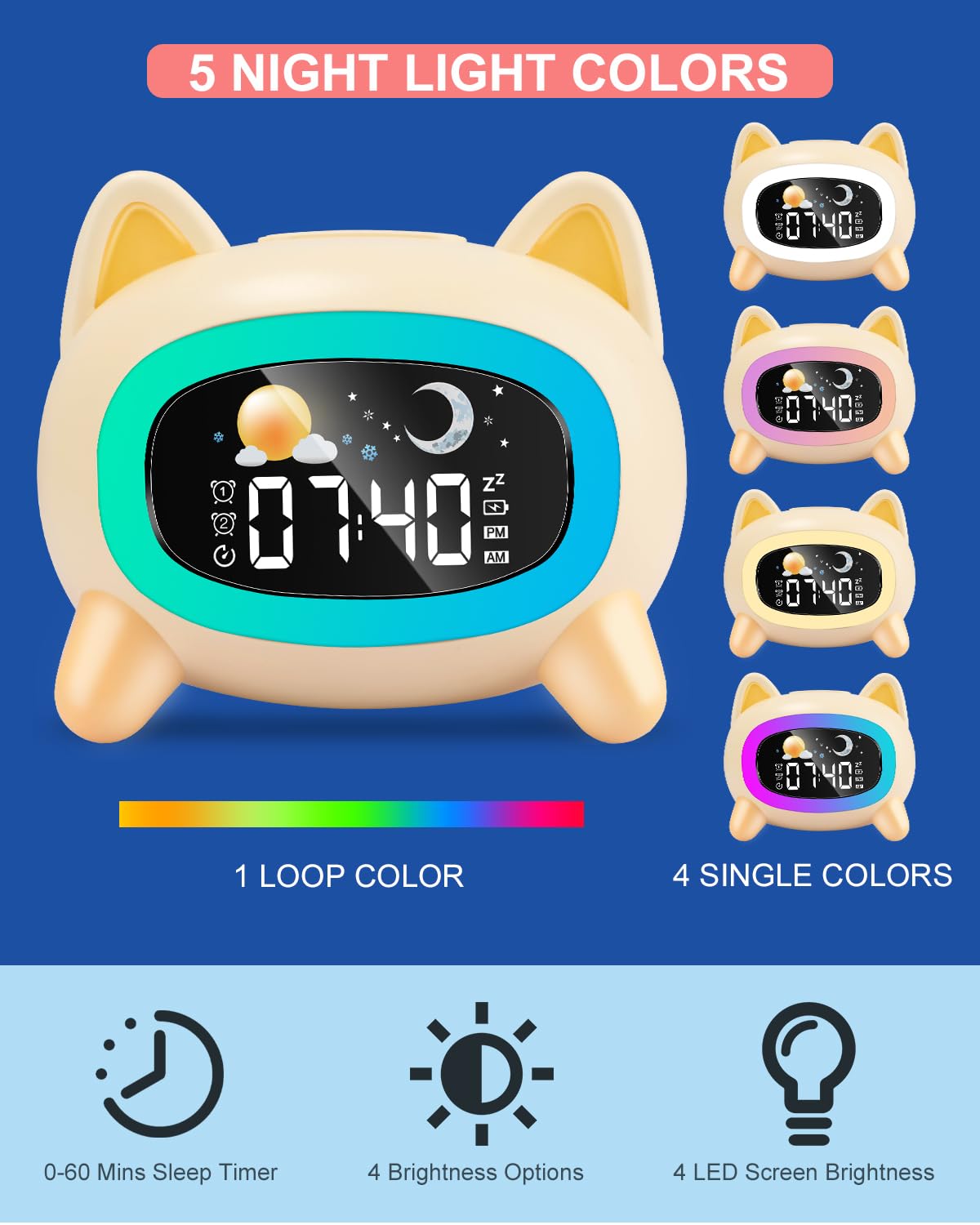 Uplayteck Sveglia Digitale da Comodino per Bambini con Luce Notturna Ricaricabile Funzione Snooze, con 2 Allarme, 4 Livelli di Luminosità, Orologio a LED
