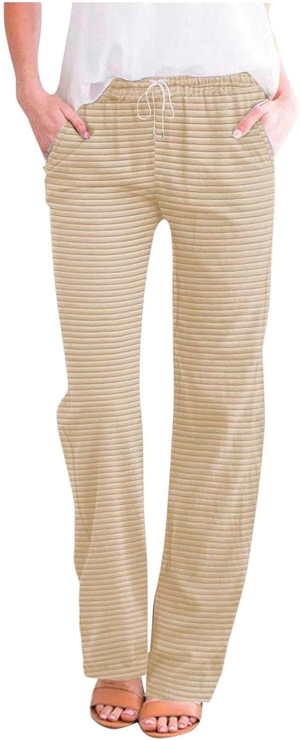 Striped Wide Leg Pants for Women Drawstring High Waisted Pants with Pockets Jogger Straight Trousers Sweatpants