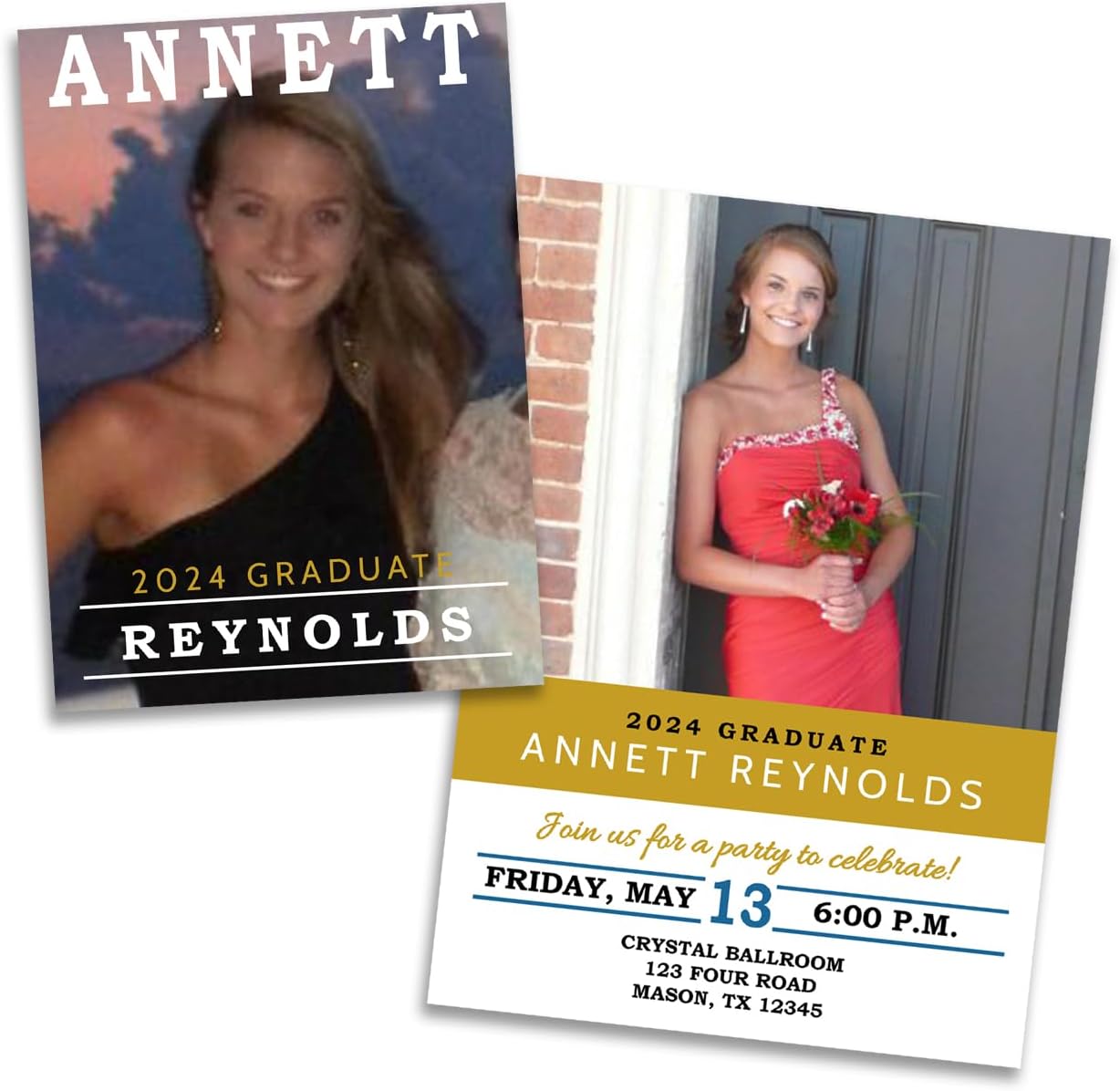 Graduation Announcements Party Invitations Cards Class of Customized Gold Black Blue, High School or College, personalized with envelopes