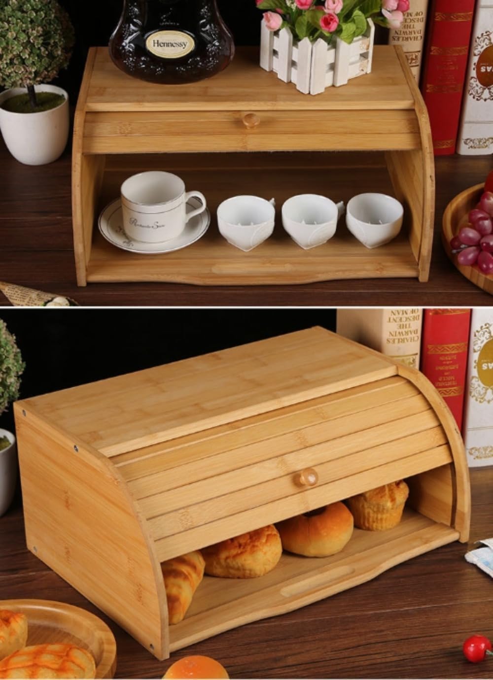 竹製・木製パン収納ボックス（キッチン調味料棚 大容量 北欧自然デザイン 40&times;27&times;17cm）家庭キッチン用 食パン保管・調味料整理