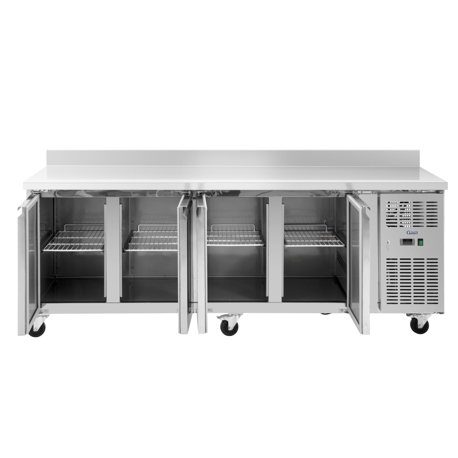 Royal Catering Mesa Refrigerada con Ruedas Volumen de 550 L 4 Compartimentos 223 x 70 cm - Clase B Antisalpique Acero Inoxidable Bajomostrador refrigerado Mostrador con refrigeración para hostelería