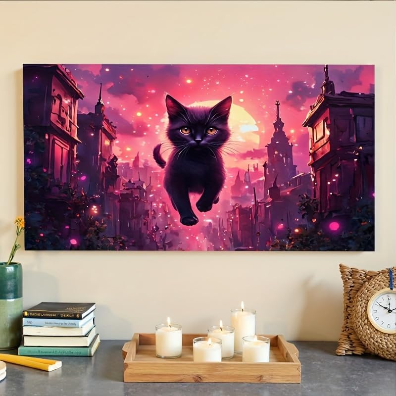 Miniatura 4 de Canvas Wall Art Painting Synthwave Retro 80s Aesthetic Cyber-cat Neon Grid Framed Aesthetic Gifts Waterproof Easy to Hang for Apartment Studio Kids