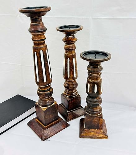 Miniatura 2 de Juego de 3 portavelas de pilar, portavelas para velas de pilar, portavelas de madera de mango para mesa de comedor de café, boda, Navidad,