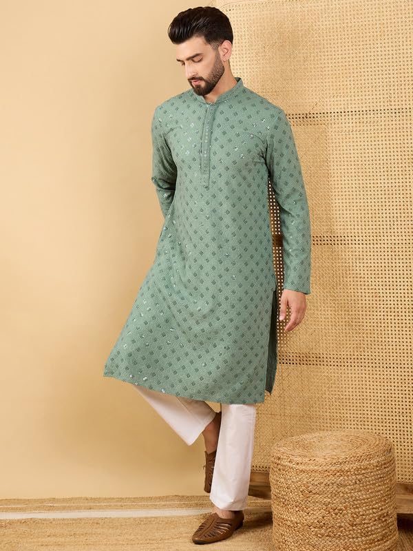 Image of Men's Solid Embroidered Long Straight Kurta | Men's Kurta | Embroidered Chikankari Kurta for Men | Straight Fit Kurta for Men