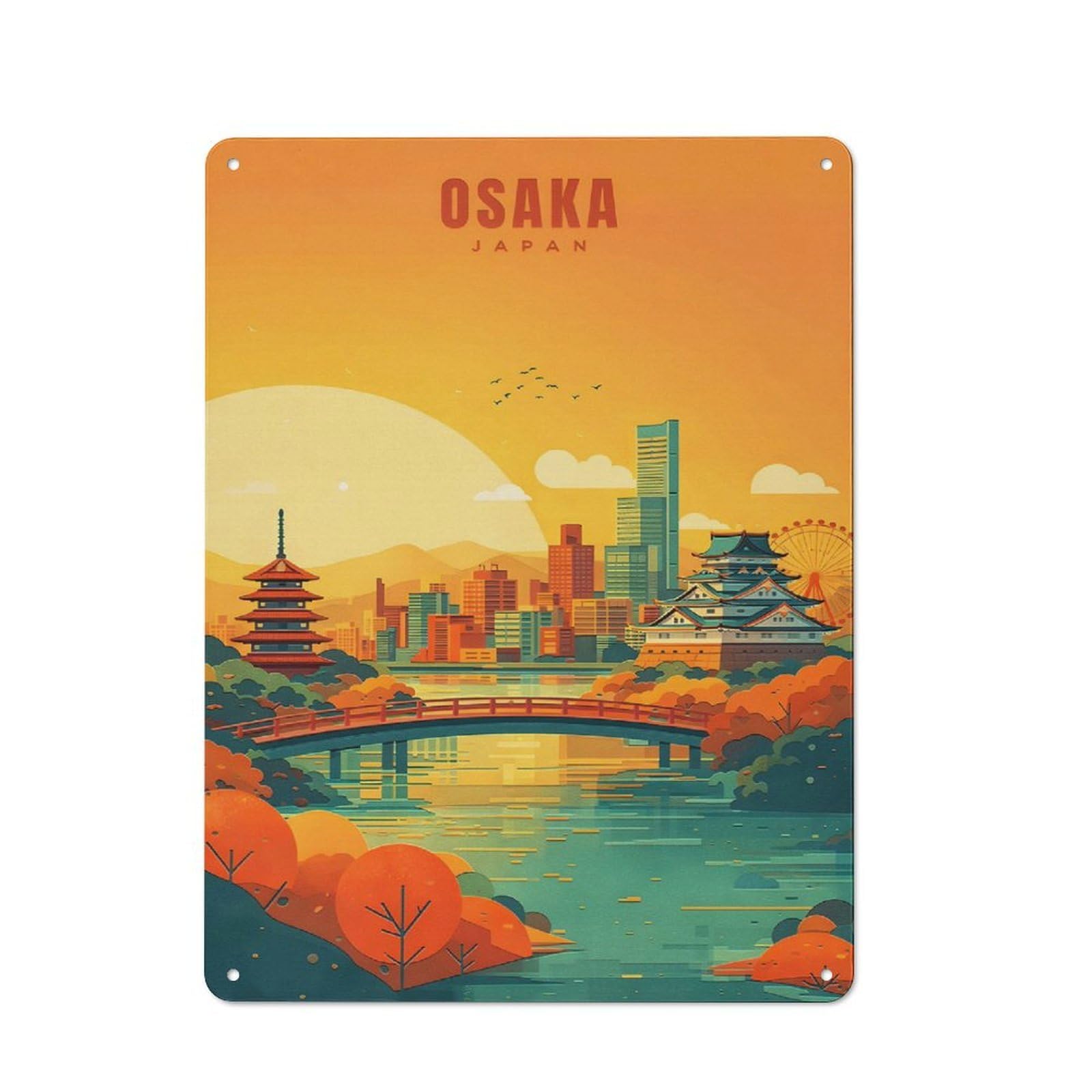 Junmoney Style Osaka Cityscape With Bridge And Pagoda Shop Front Metal Wall Decor 40X30cm, Bistro Metal Sign For Takeaway, Bar, Kitchen Or Counter Area
