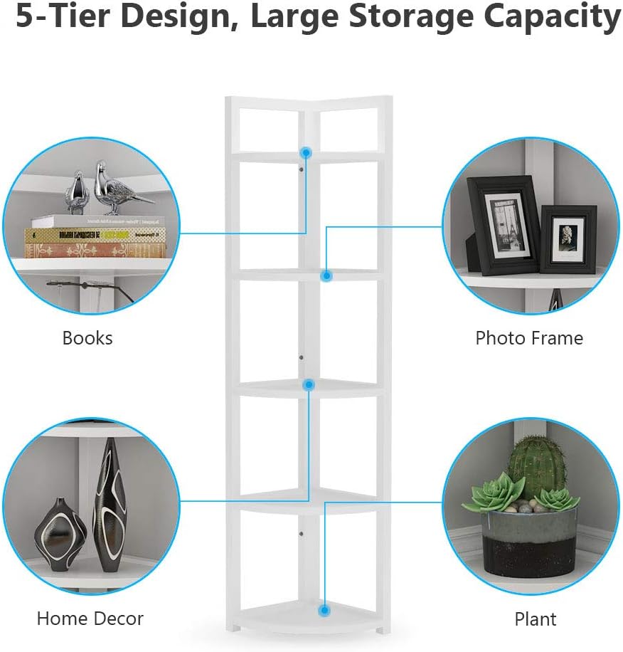 Tribesigns 5 Tier Corner Shelf, Modern Corner Bookshelf Small Bookcase Storage Rack Plant Stand for Living Room, Home Office, Kitchen, Small Space (White)