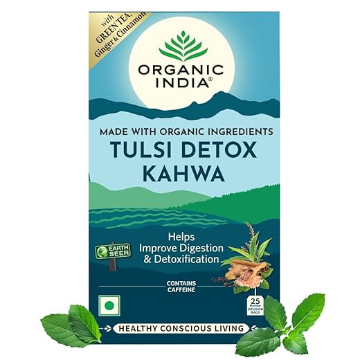 ORGANIC INDIA Tulsi Ginger Detox Kahwa 25 Ib || Cleanse & Cold Relief || Improve Digestion & Detoxification || Tulsi Tea - 25 Tea Bags