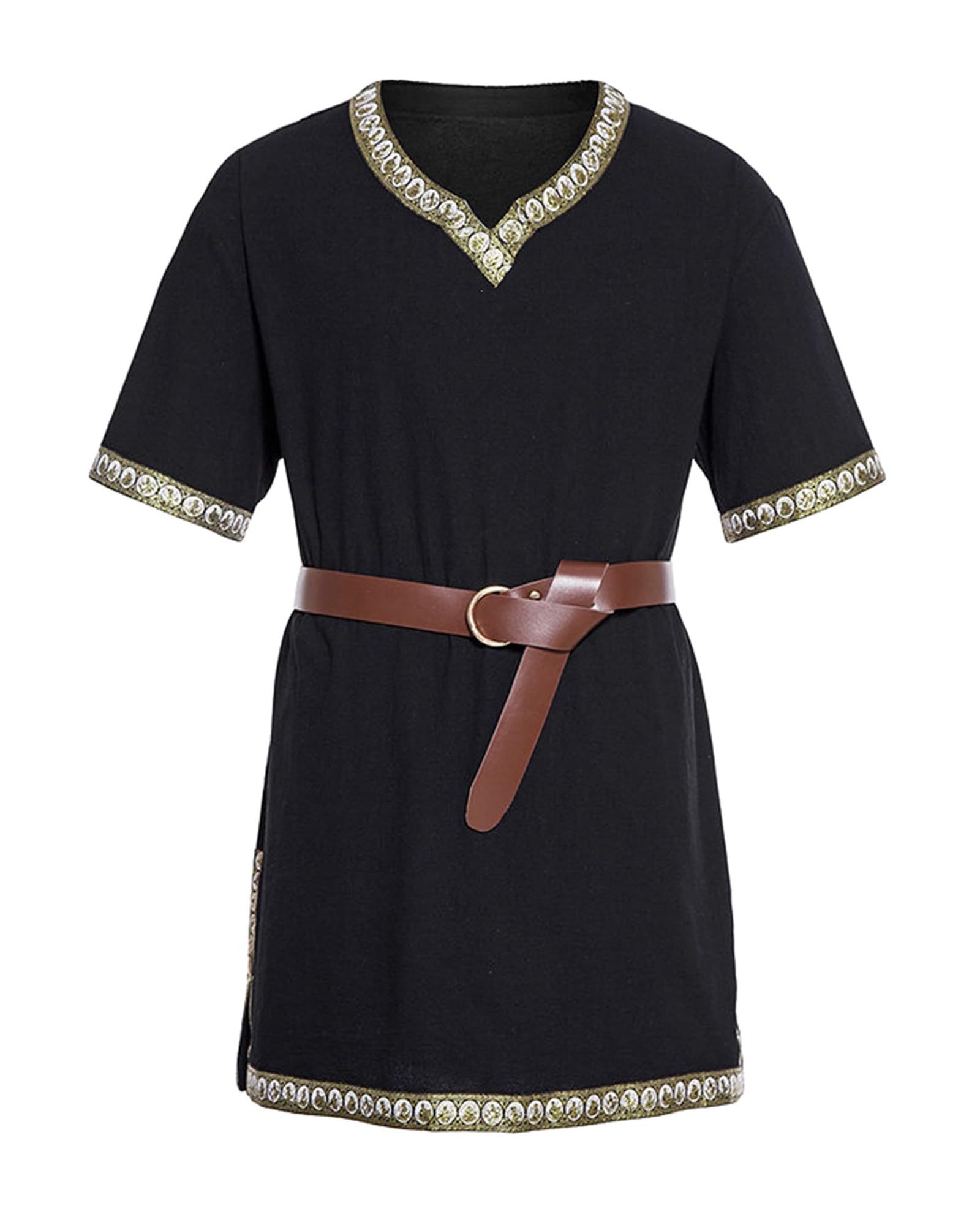 Acrawnni Men Medieval Costume Renaissance Templar Tunic Viking Knight Pirate Vintage Warrior Halloween Cosplay Party Tops No Belt (A-Black, L)